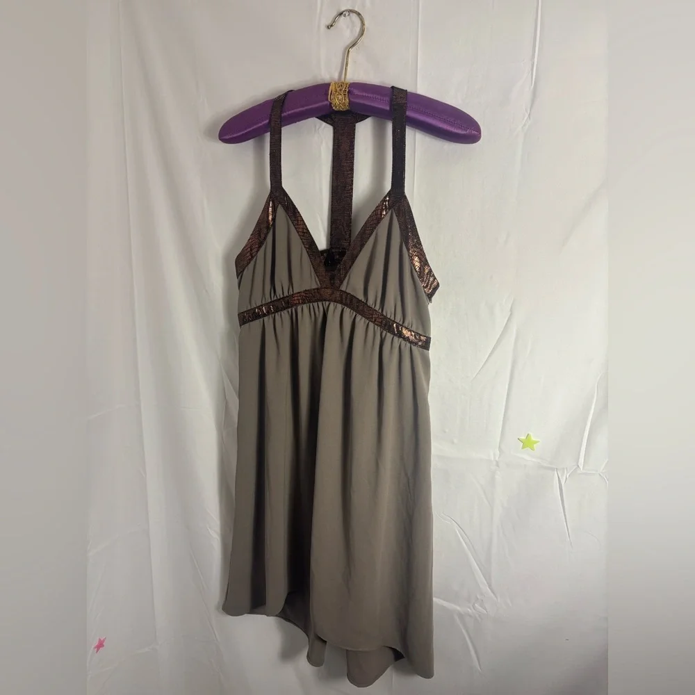Brown Babydoll Empire Waist Metallic Copper High‎ Lo Boho Mini Dress Size M